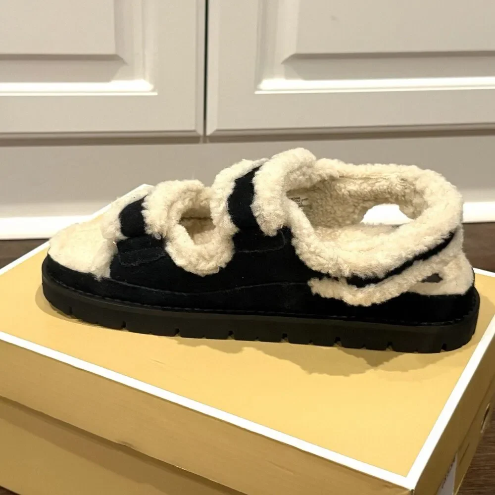 Michael Kors Holland Lug Sandal Faux Shearling Black Womens 9.5M 49F5HLFS1D NIB